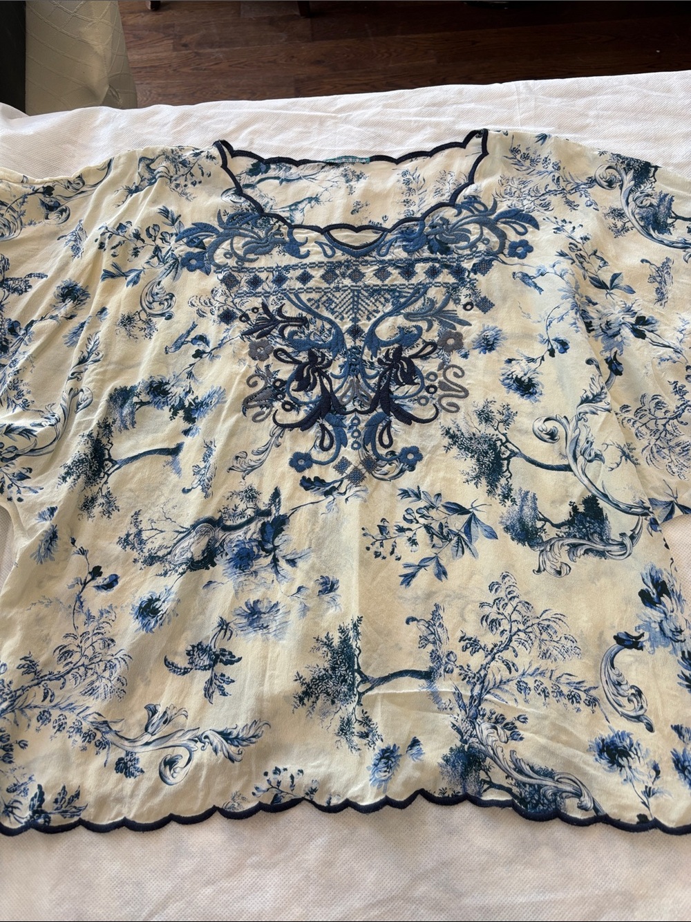 Johnny Was Silk Addy Top featuring a blue and white toile pattern.